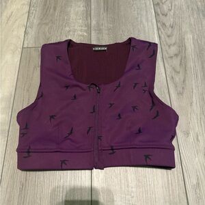 Oiselle Flyout Bra with Purple Bird Design VGUC and phone pocket